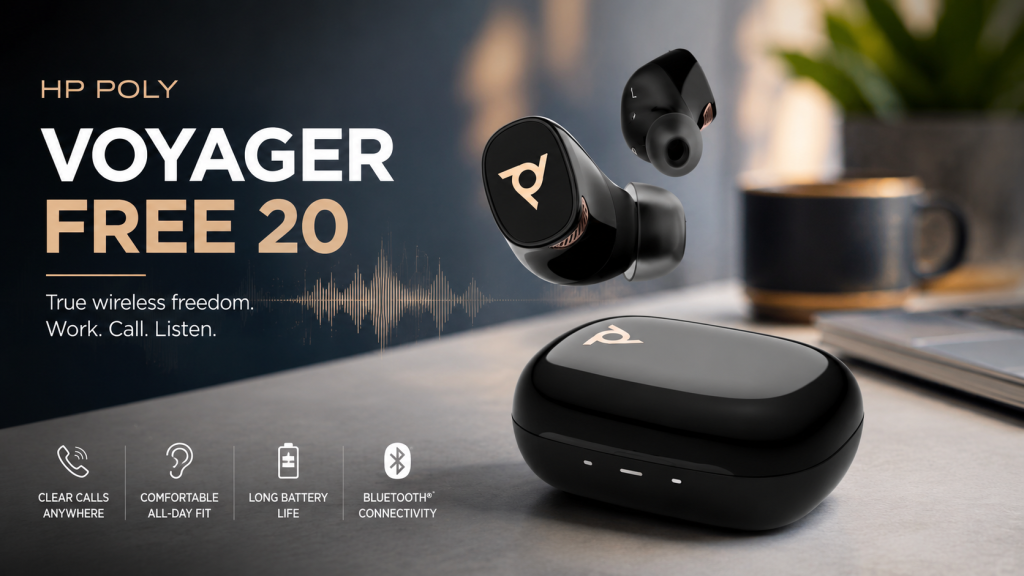 Black HP Poly Voyager Free 20 wireless earbuds and charging case displayed on a modern desk.