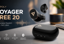 Black HP Poly Voyager Free 20 wireless earbuds and charging case displayed on a modern desk.