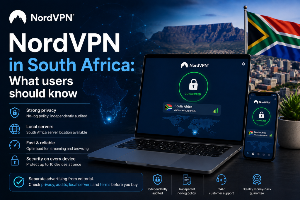 Editorial illustration showing NordVPN running on a laptop and smartphone against a South African city and Table Mountain backdrop.