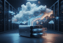 Cinematic 3D editorial render of a NAS appliance expanding from file storage into virtualized and edge-computing workloads.