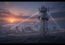 Cinematic 3D editorial render of fixed wireless links expanding across remote infrastructure and transport networks.