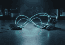 Cinematic 3D editorial render showing wired peripherals transforming into a wireless keyboard, mouse and headset.