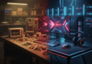 Cinematic 3D editorial render showing Redragon’s manufacturing roots evolving into a modern gaming-peripherals brand.