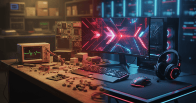 Cinematic 3D editorial render showing Redragon’s manufacturing roots evolving into a modern gaming-peripherals brand.