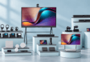 Illustrated display of business desk phones, headsets, cameras, video bars and meeting screens