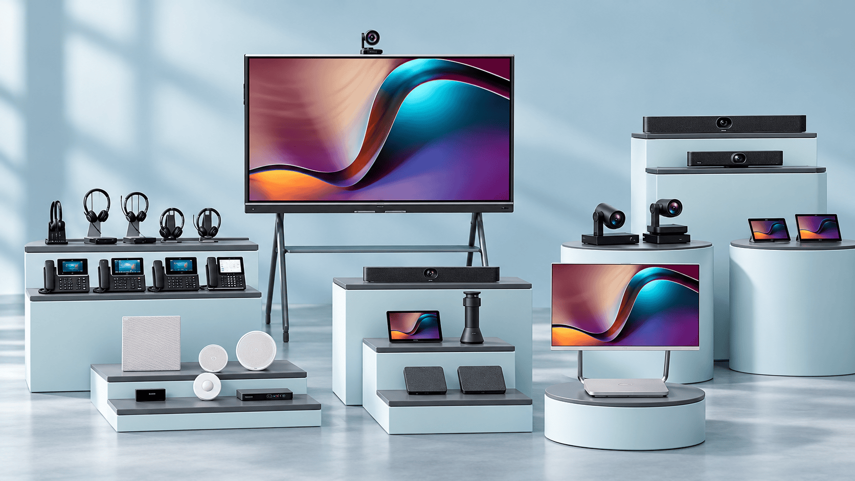 Illustrated display of business desk phones, headsets, cameras, video bars and meeting screens